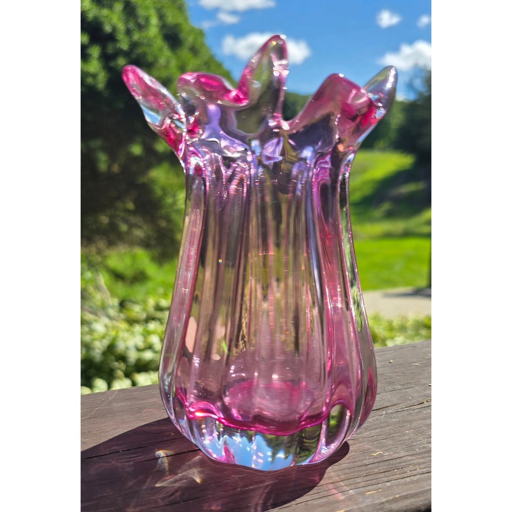 Vintage Hand Blown Art Glass Cranberry Pink Ruffled Bud Vase